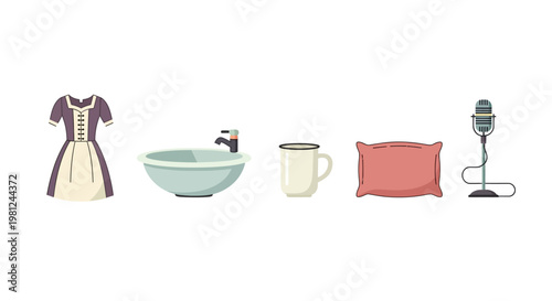 Vintage dress bathroom sink coffee cup cushion and retro microphone