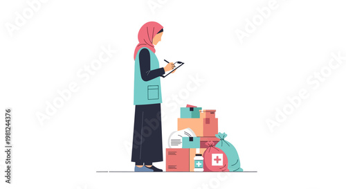 Volunteer recording donations for humanitarian aid in flat design