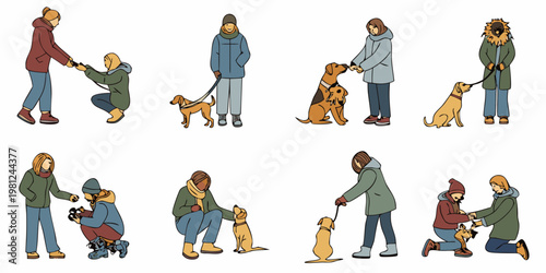 People interacting with dogs in a colorful illustrative cartoon style