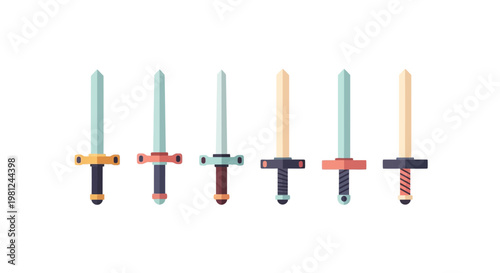 Colorful flat medieval swords collection with diverse handles on a