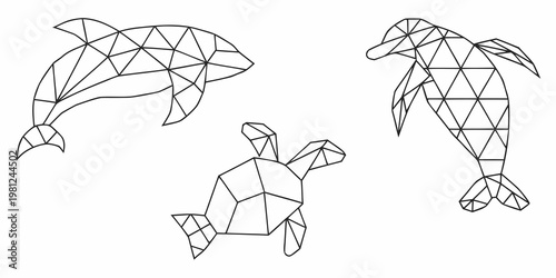 Geometric marine life a dolphin turtle and whale rendered in lines