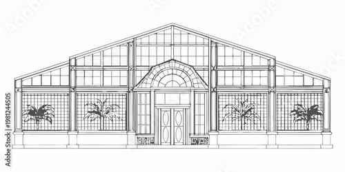 Detailed line drawing of a classic victorian glasshouse or greenhouse structure