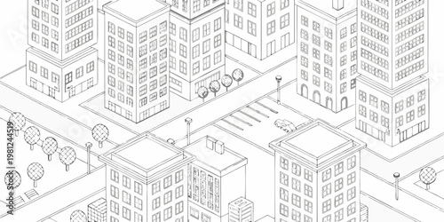 Isometric illustration of a detailed city street with buildings and trees