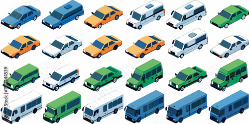 Isometric illustration showcasing a diverse collection of colorful vehicles