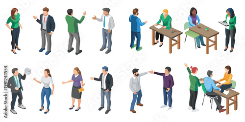 Isometric illustration of diverse people in various office and casual settings