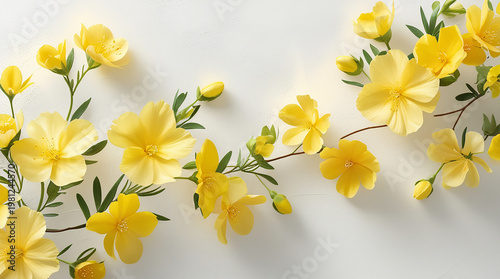 Vivid yellow blossoms on white perfect for botanical banners and summer design themes 