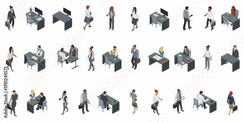 Isometric illustration depicting diverse people in a modern office environment