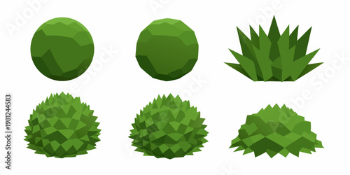 A collection of low poly stylized green cactus and succulent shapes