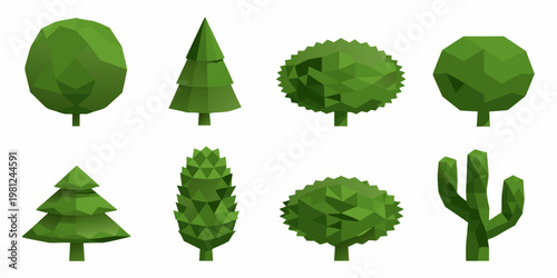 Collection of low poly green trees and a cactus illustration