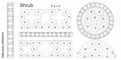 Geometric shrub and palm patterns in a decorative illustrative style