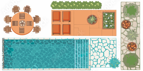 Aerial view of outdoor living spaces including a pool and patio