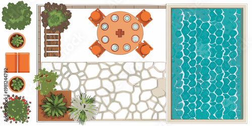 Aerial view of a backyard with a pool dining area and landscaping