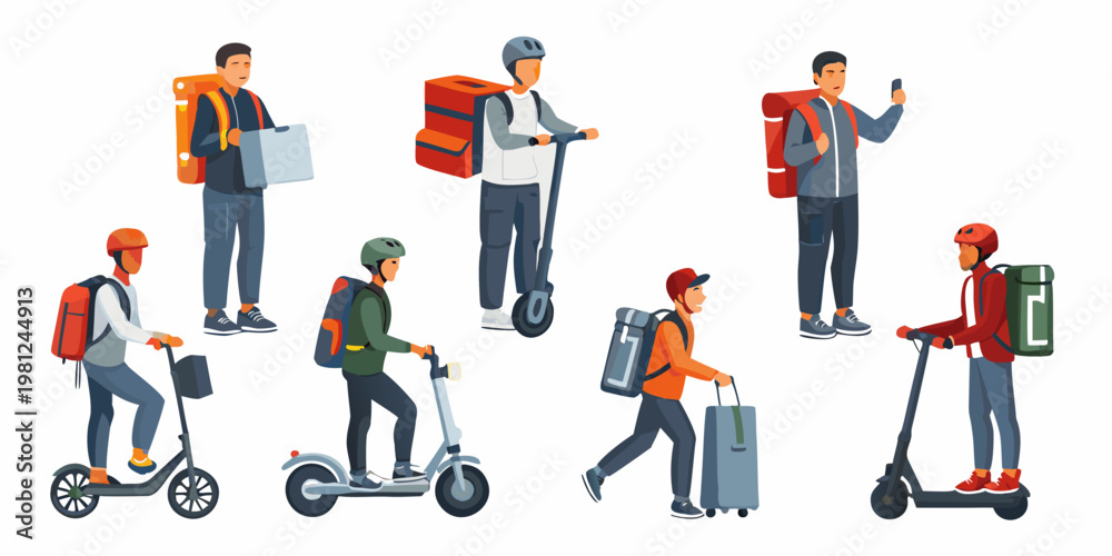 Fototapeta premium Diverse delivery workers using scooters and carrying packages in a city