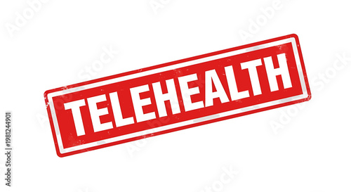 Red telehealth stamp with white text on white background