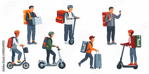 Diverse delivery workers using scooters and carrying packages in a city