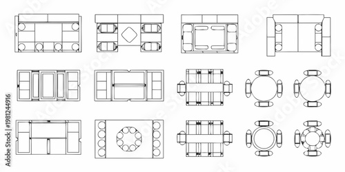 Architectural floor plans showcasing various furniture arrangements and room layouts