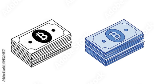 Stacks of bitcoin banknotes in black and blue color isolated on white background