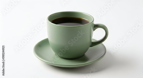 A simple ceramic green cup filled with hot black coffee on white background