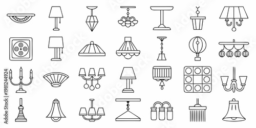 Collection of linear drawings depicting various styles of lamps and lighting fixtures