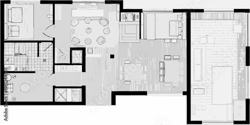 Architectural floor plan showing a modern apartment layout with multiple rooms
