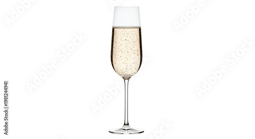 A single elegant glass of sparkling champagne filled with bubbles on white background