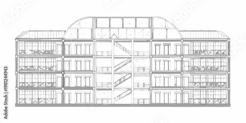 Architectural sketch of a multi story building with internal cutaway details