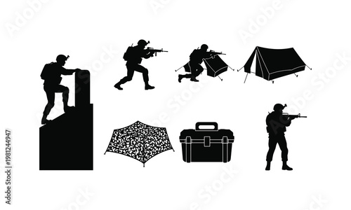 Tactical soldier silhouette vector illustration series featuring camping tents and crates