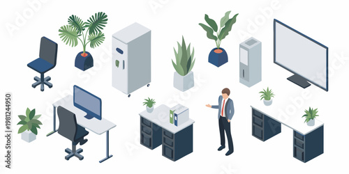 Isometric illustration of a modern office space with plants and technology