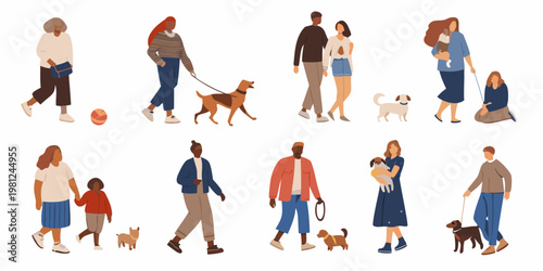 Diverse group of people and their pets walking in a simplified style