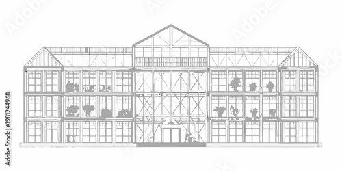 Detailed sketch of a multi story building with glass and structural elements