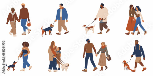 Diverse group of people walking with their dogs in a modern illustration