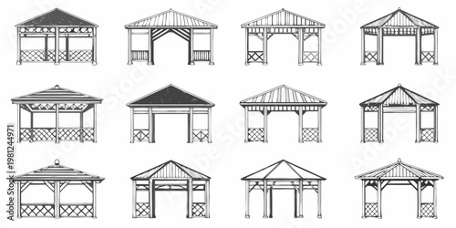 Collection of detailed hand drawn gazebo and pavilion architectural sketches