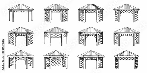 Collection of hand drawn gazebo and pergola architectural designs in black ink