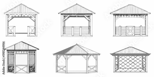 Detailed black and white illustrations of various gazebo and shelter designs