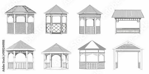 Architectural drawings of various gazebo and small structure designs