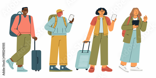 Diverse group of travelers with luggage and mobile phones walking forward