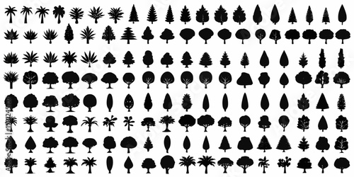 Collection of various black silhouette trees arranged in a grid pattern