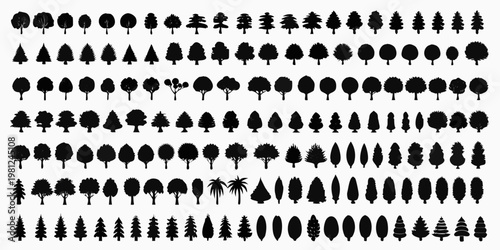 Collection of diverse black silhouettes depicting various tree shapes and sizes