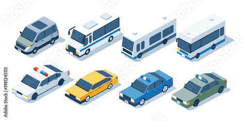 Isometric illustration depicting a variety of public and private vehicles