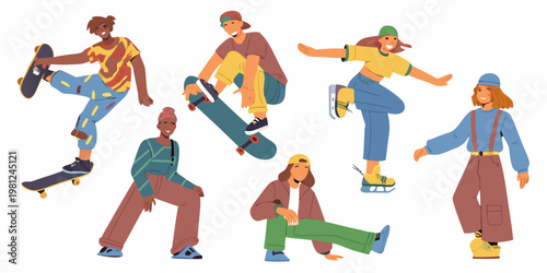 Diverse group of young people enjoying skateboarding and rollerblading