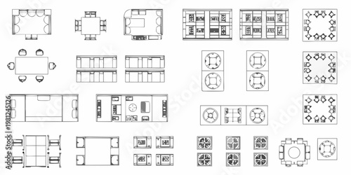 Collection of black and white furniture top down blueprints and arrangements