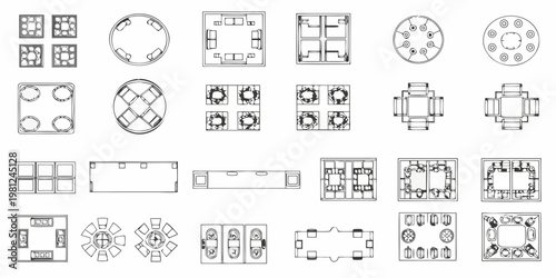 Architectural plans depicting various furniture arrangements and room layouts
