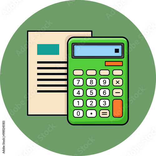 Green calculator and paper document on green circle background