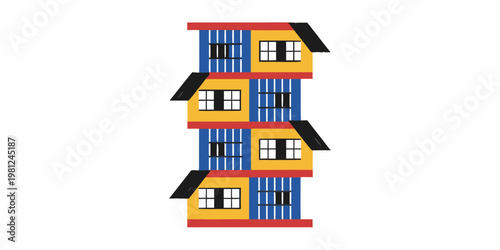 Stylized illustration of a four story building with geometric shapes and colors