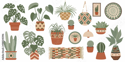 A collection of potted plants wall decor and bohemian style elements