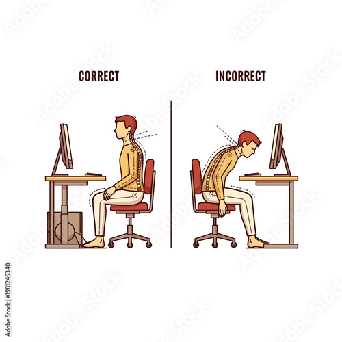 Illustration comparing correct and incorrect ergonomic sitting posture at a computer desk, highlighting healthy and unhealthy spine alignment.
