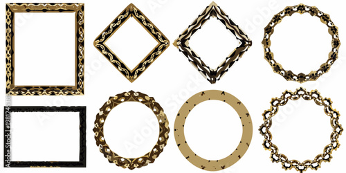 Collection of ornate golden frames in various shapes on a white background