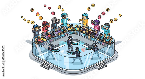 Pixel art illustration of robotic hockey players in action on ice rink