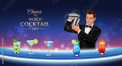 Bartender shaking cocktail shaker with colorful drinks on bar counter world cocktail day celebration