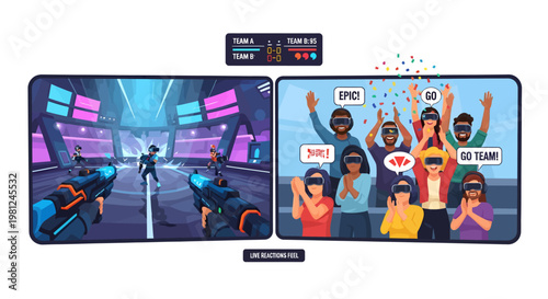 Futuristic gamers celebrating esports tournament victory